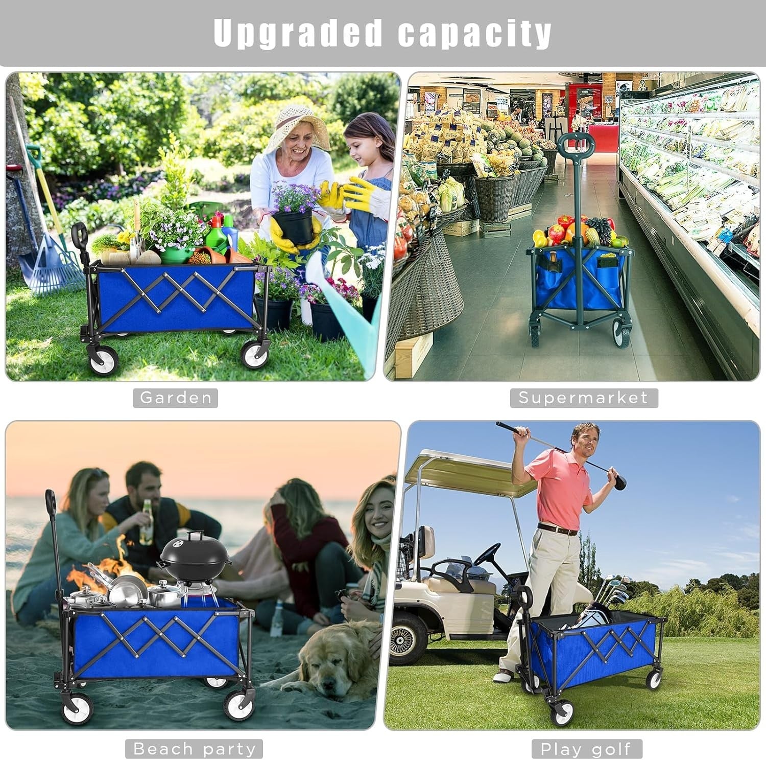 Blue Heavy Duty Folding Wagon 100L All-Terrain Garden Camping Beach Trolley