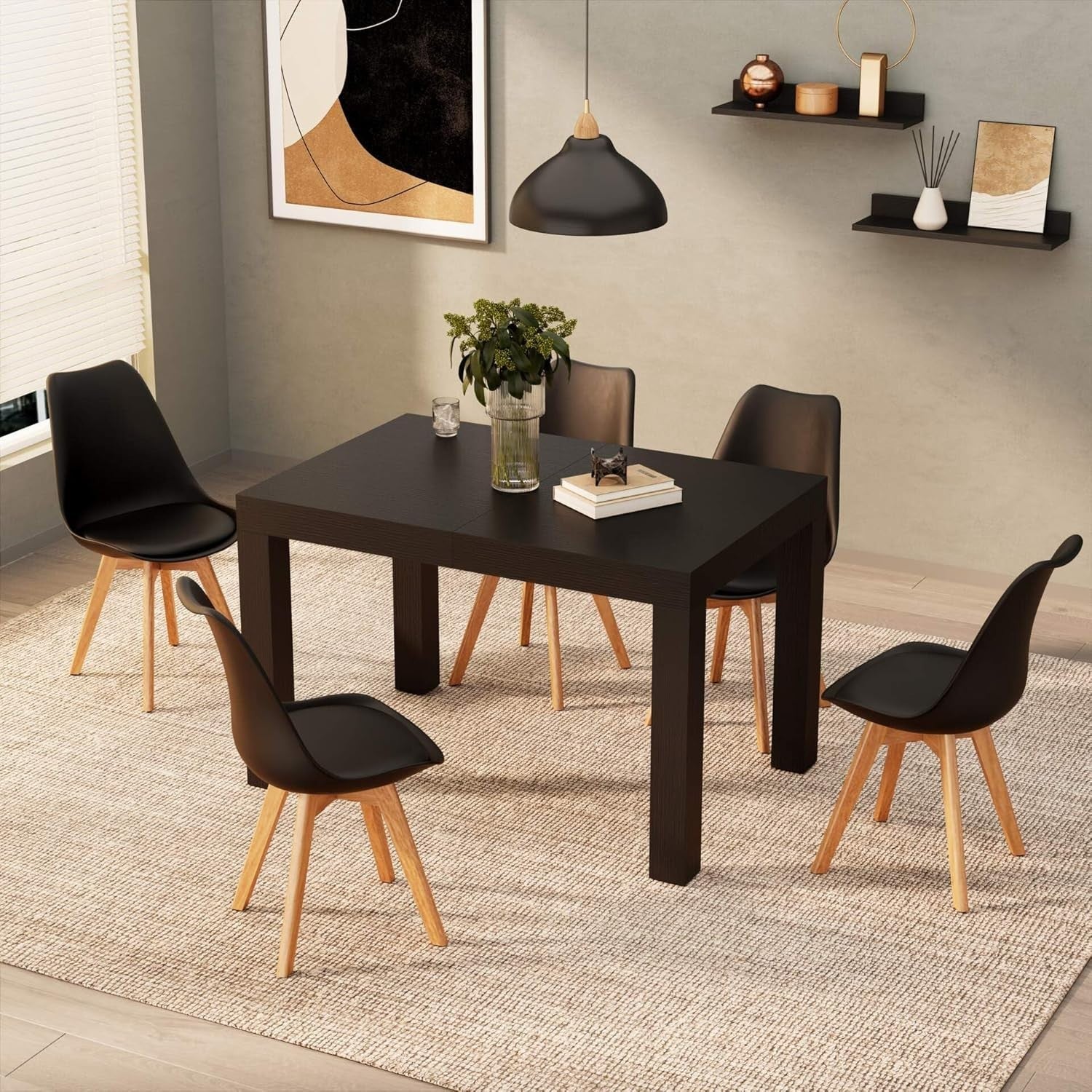 Extendable Black Dining Table 8 Seater Wood Modern Space-Saving 120-200cm