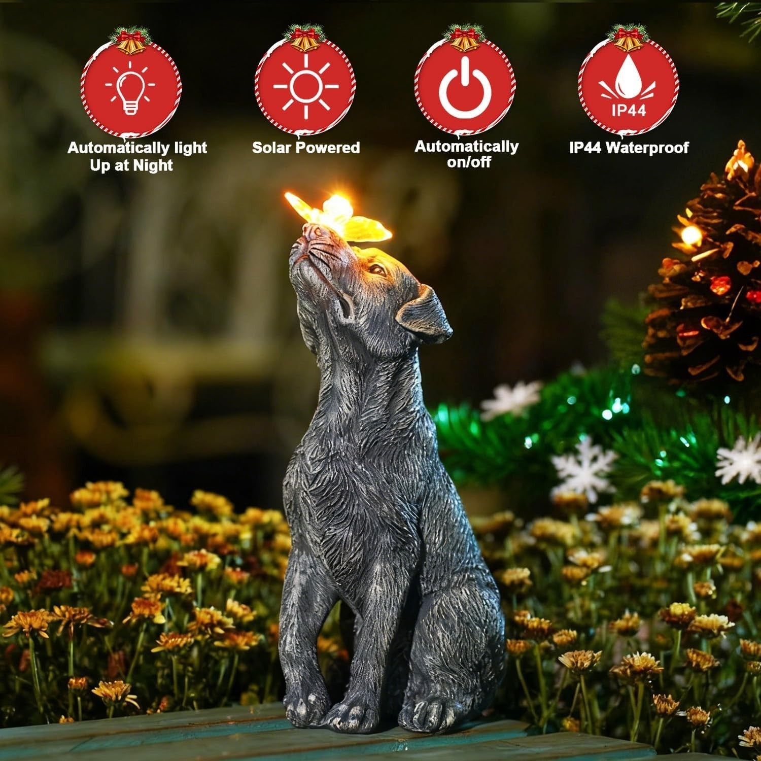 Solar Dog Garden Ornament with Lighted Butterfly Resin Waterproof Outdoor Decor
