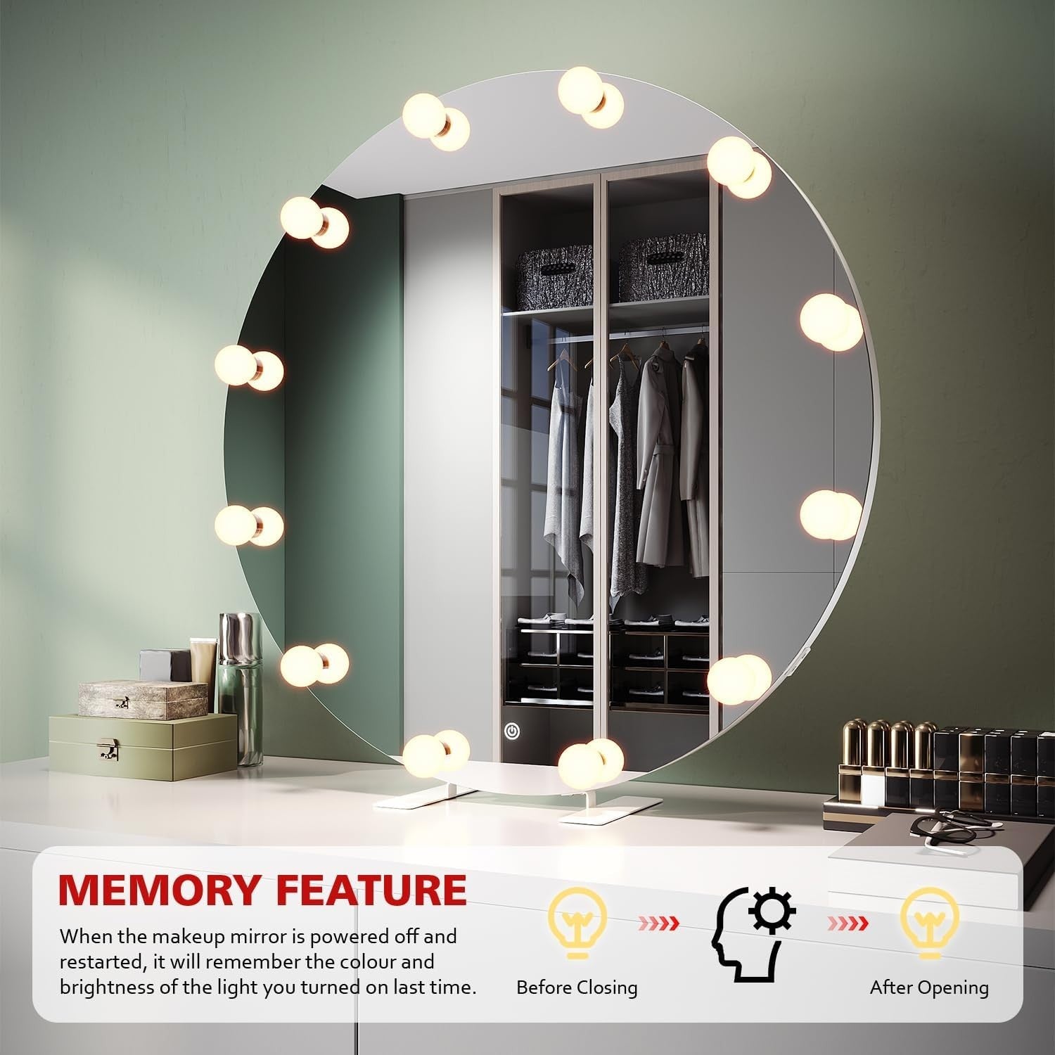 80cm Round Hollywood Vanity Mirror with 12 Dimmable LED Bulbs & Touch Control