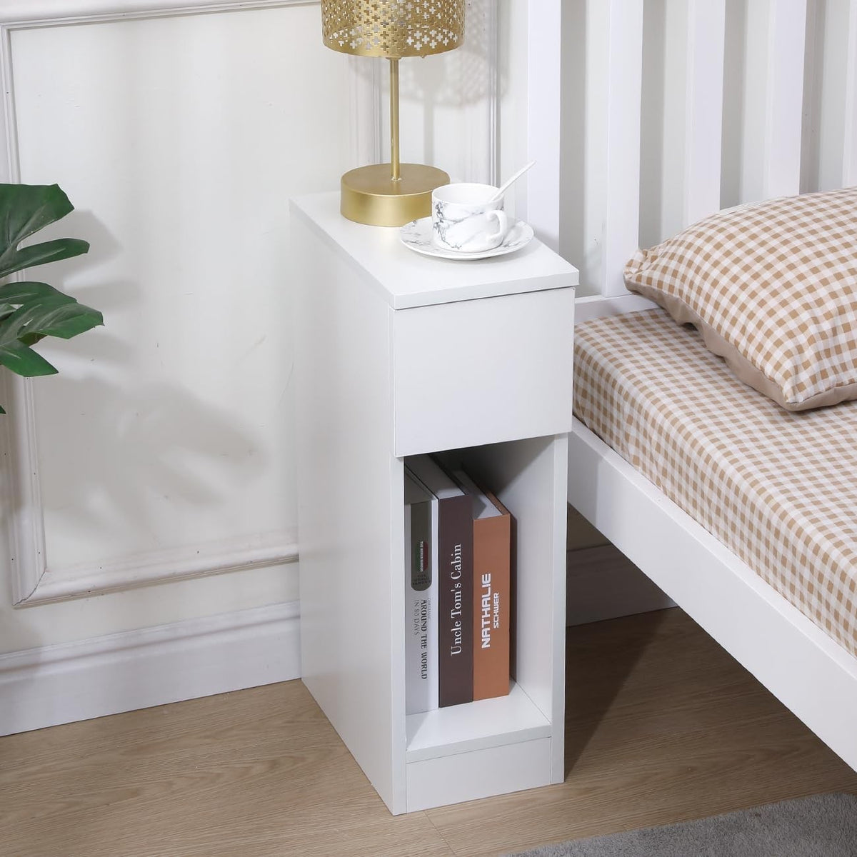 Slim White Bedside Table Drawer & Shelf, Narrow Nightstand for Small Spaces