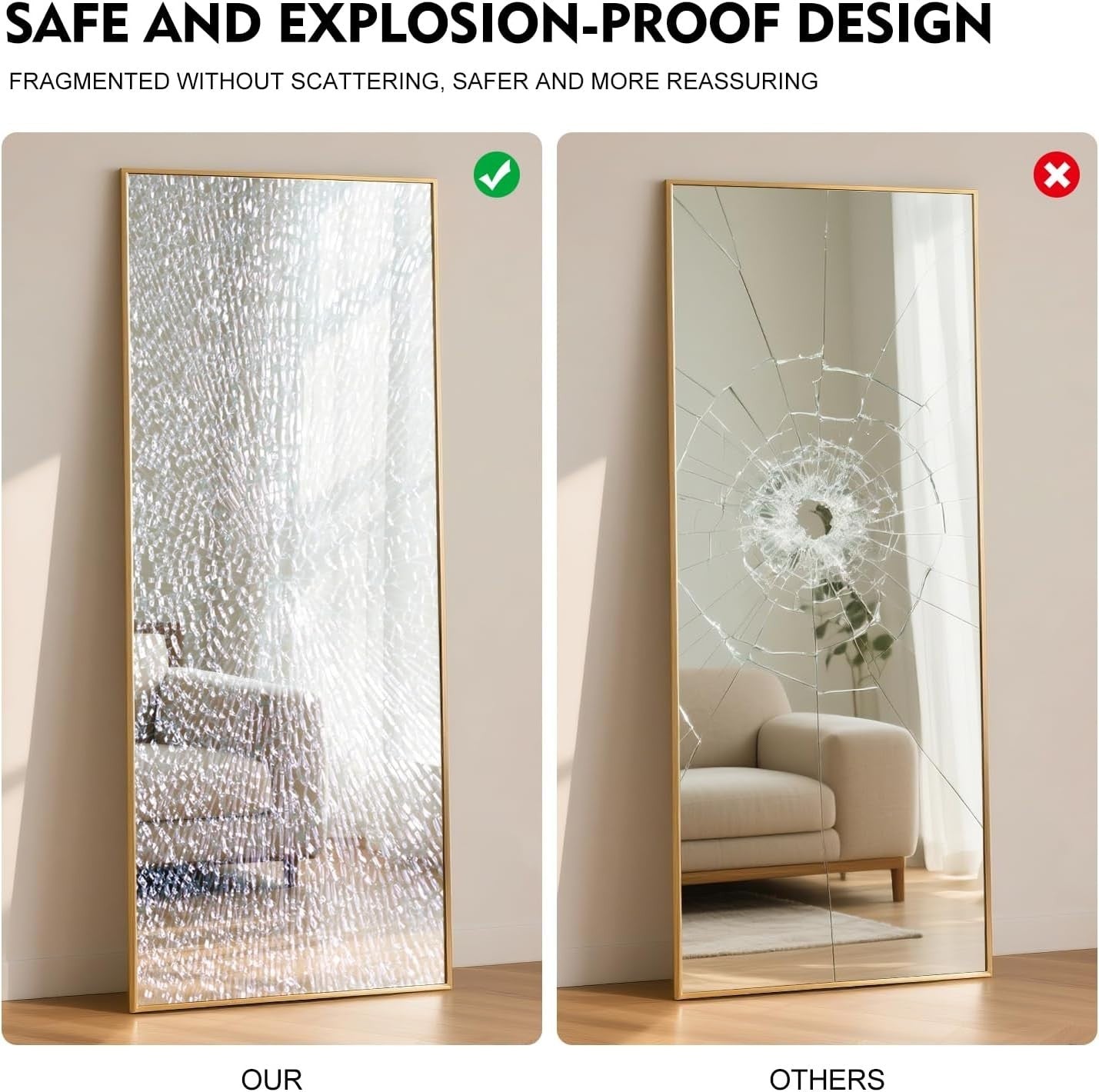 Large Full Length Mirror 165x60cm Gold Frame, Shatterproof Glass Wall Leaning