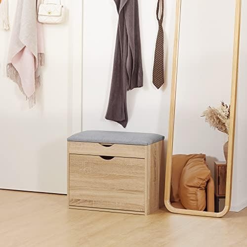 Natural Wood Shoe Storage Bench with Cushion Seat Flip-Up Cabinet & Hidden Space