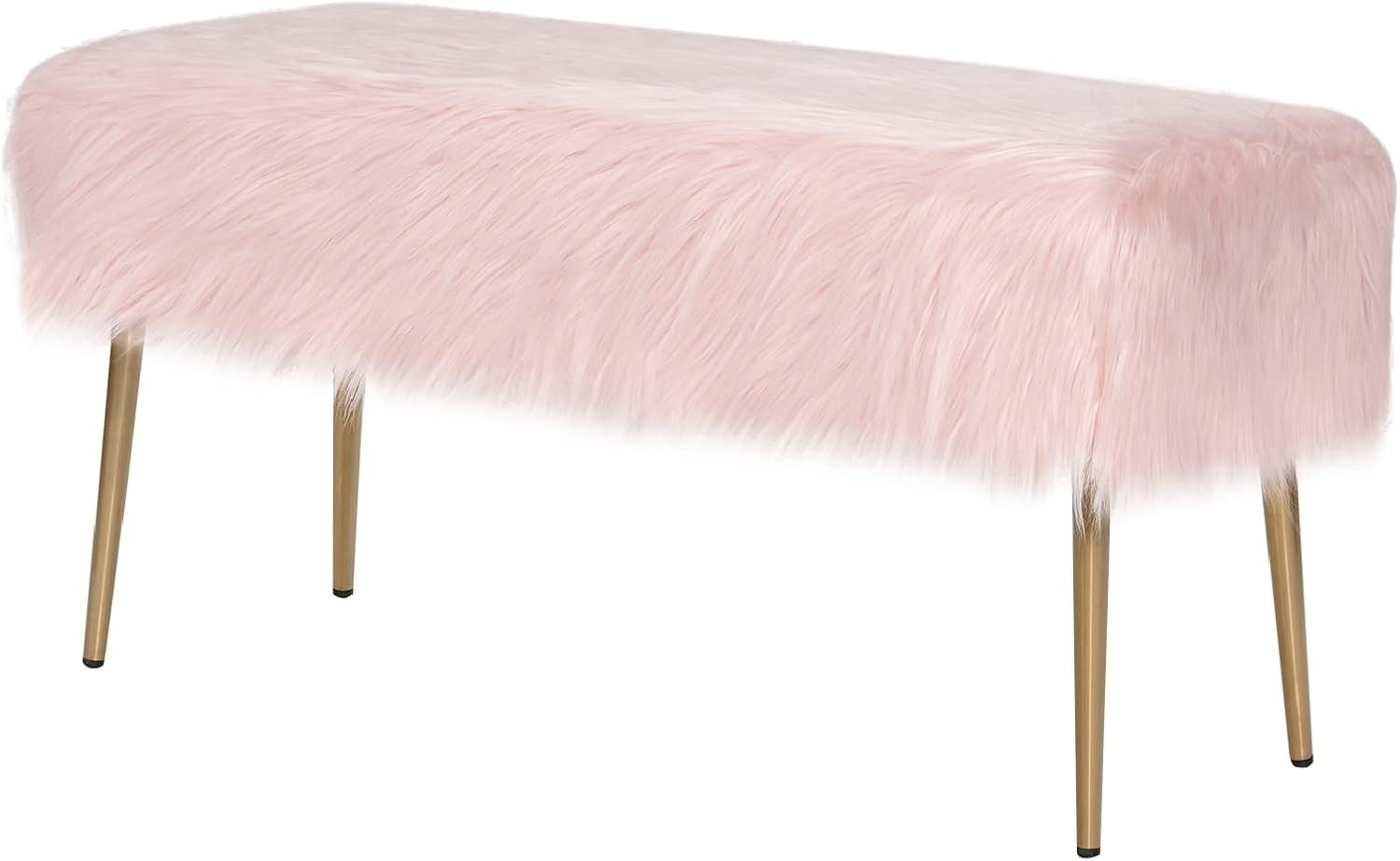 Faux Fur Ottoman Bench with Gold Legs, Plush Vanity Seat Stool Pink