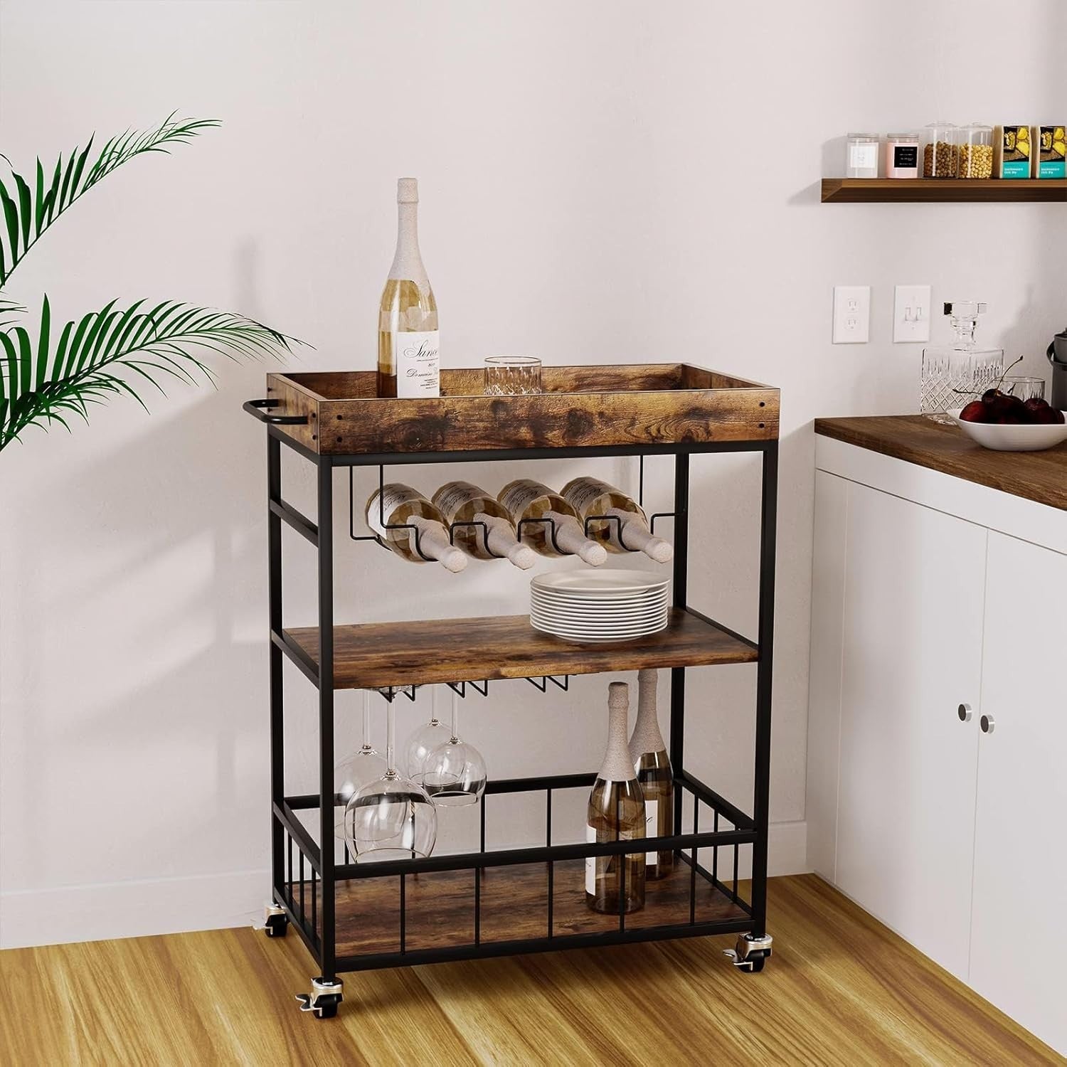 3 Tier Bar Cart Drinks Trolley with Wine Rack & Glass Holder