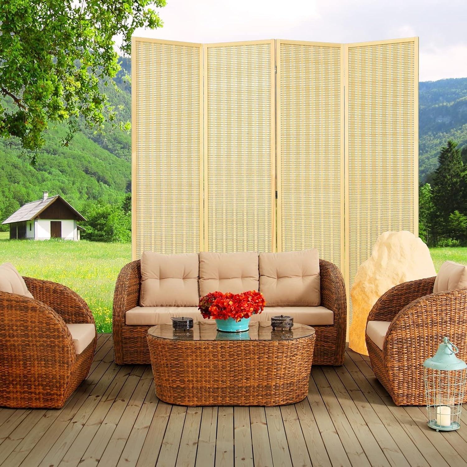 4 Panel Bamboo Folding Room Divider Natural Privacy Screen for Bedroom Office