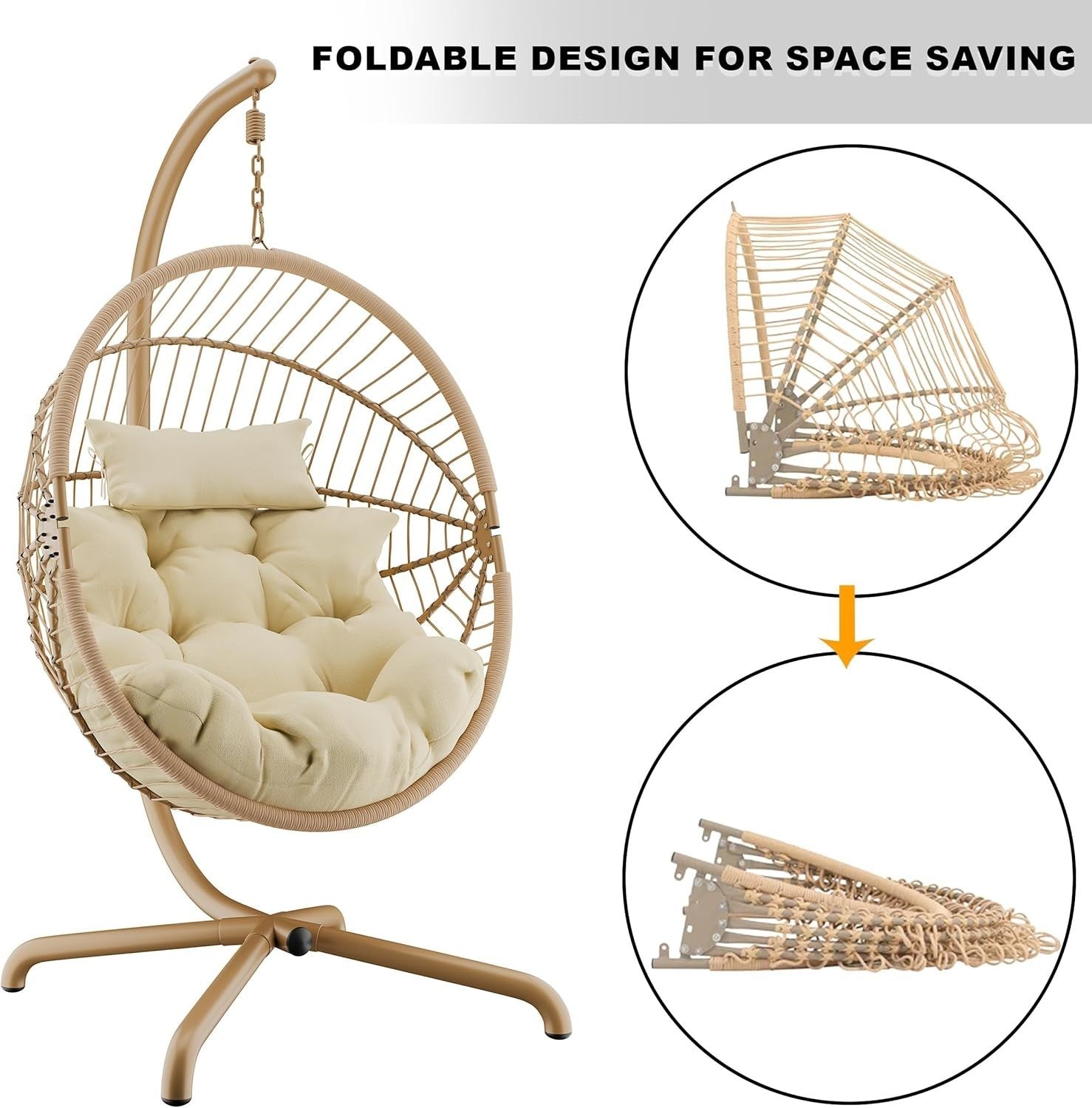 Foldable Rattan Hanging Egg Chair for Indoor Outdoor with Cushion