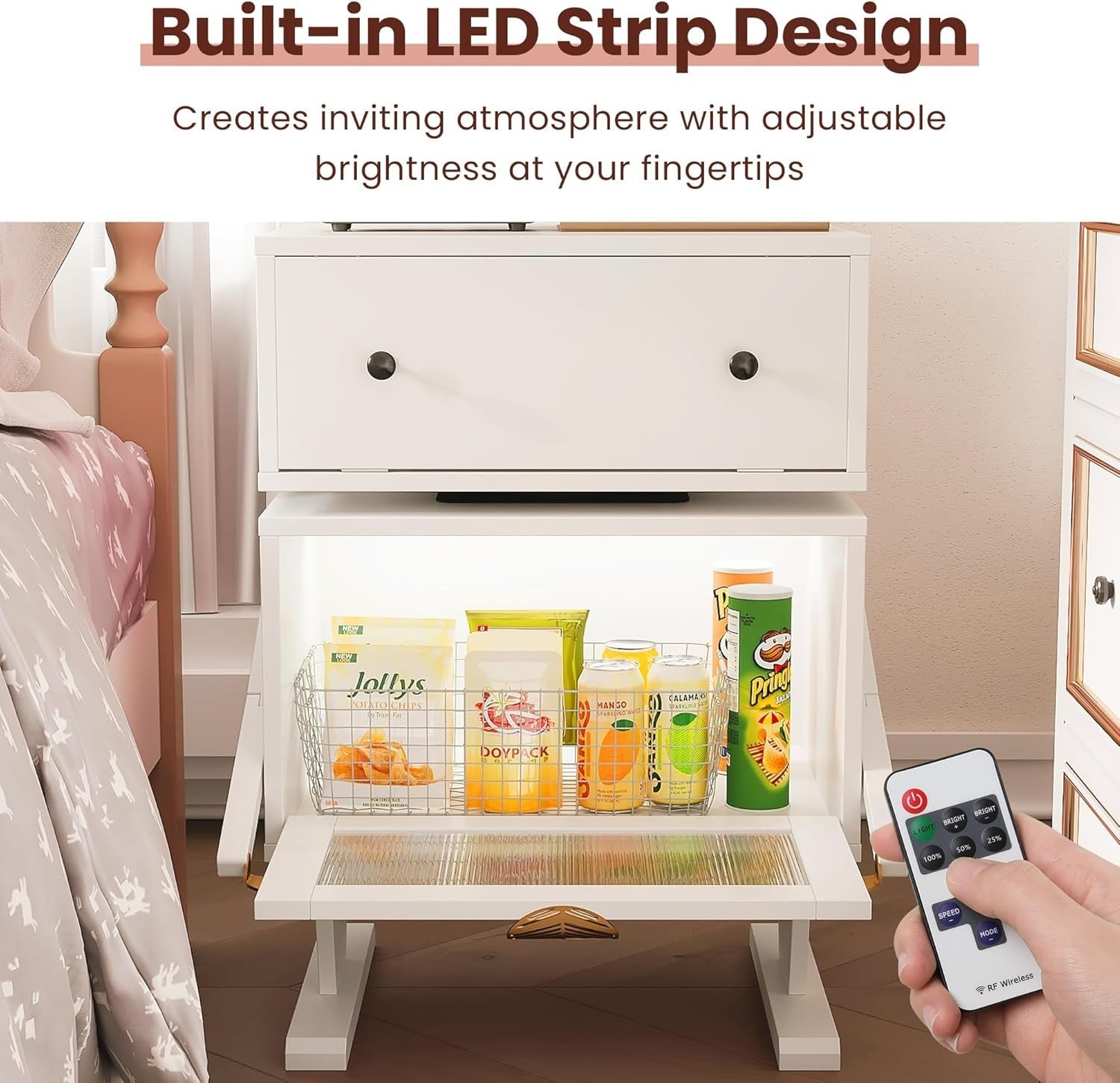 White LED Nightstand for Kids Bedroom with Rotating Drawer & Robot Design