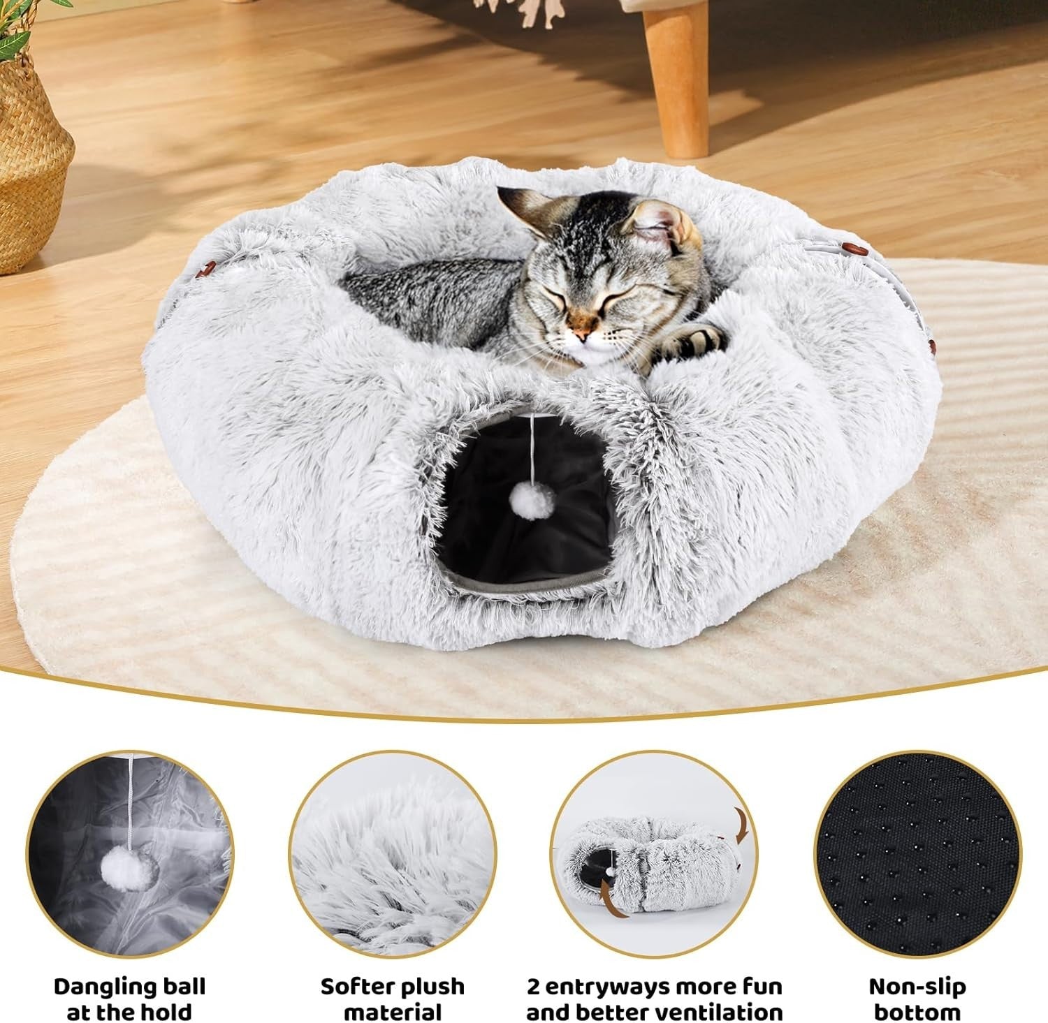 Large Cat Tunnel Bed Foldable Donut Play Tunnel w Plush Bed Toys