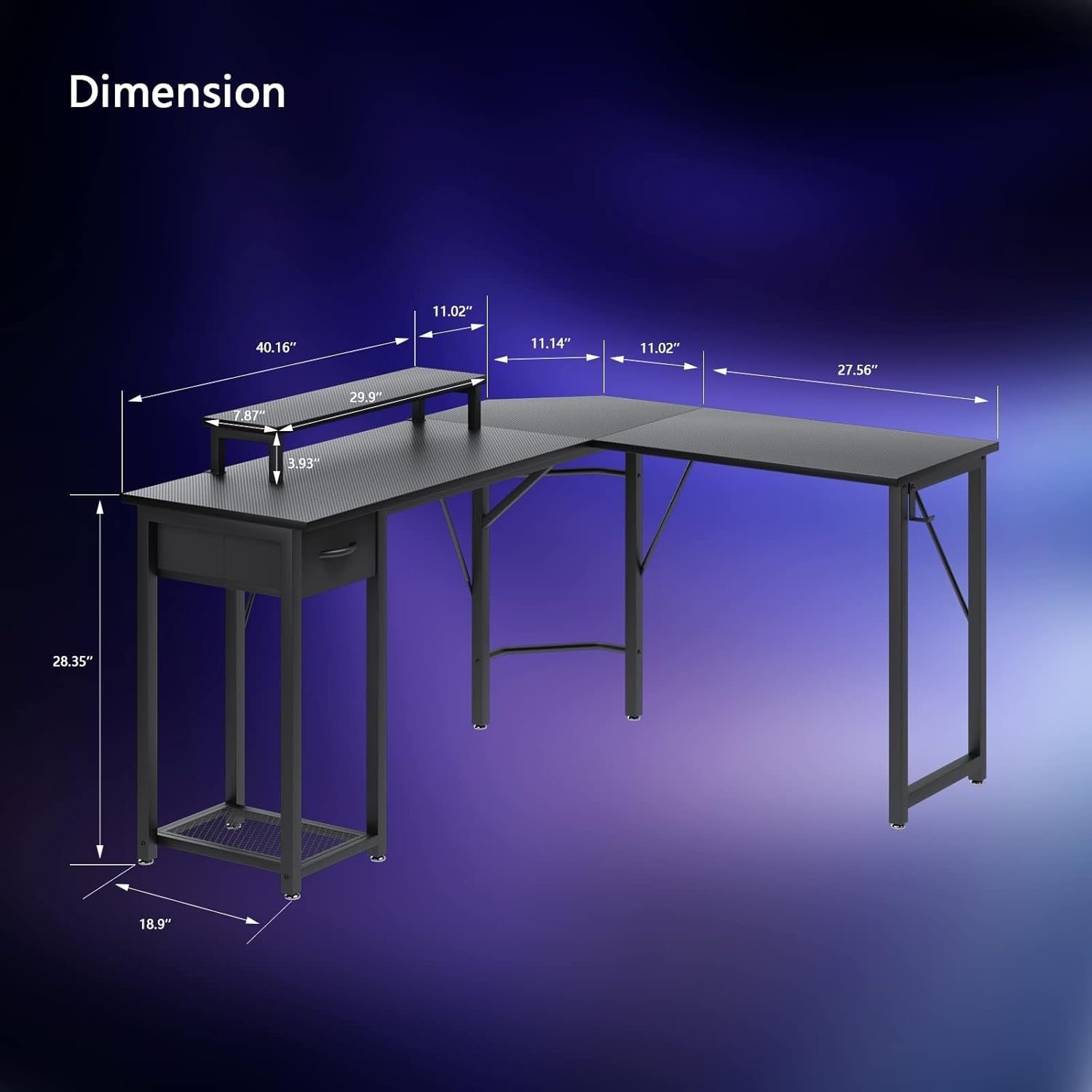 L Shaped Computer Desk Corner Gaming Table Monitor Stand Drawer Shelf