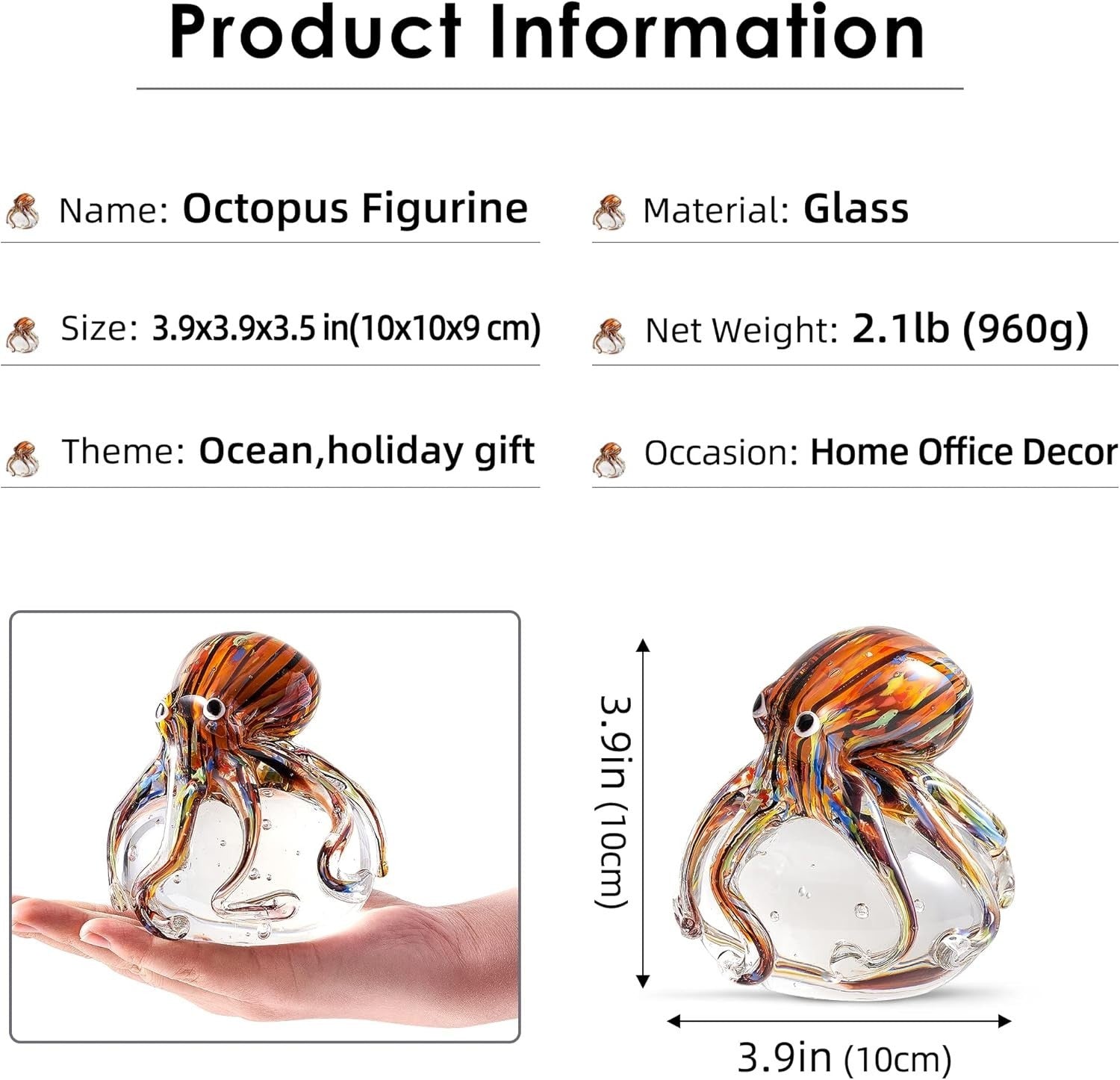 Hand Blown Glass Octopus Figurine • Colourful Sea Animal Ornament