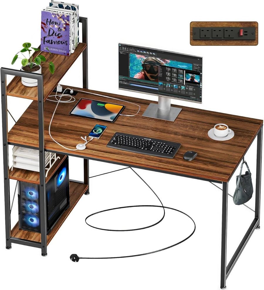 Rustic Computer Desk Brown w/ Power 120cm Outlet & 4 Shelves