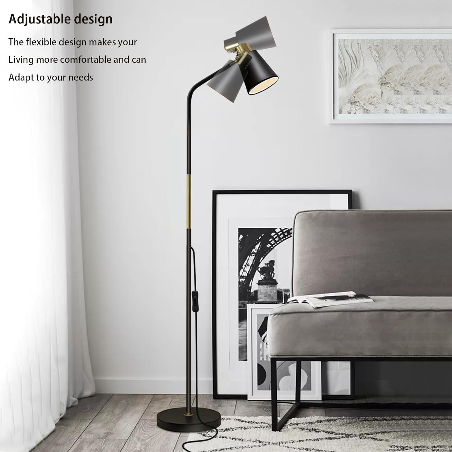 Industrial Floor Lamp Adjustable Metal Head Standing Reading Light Black