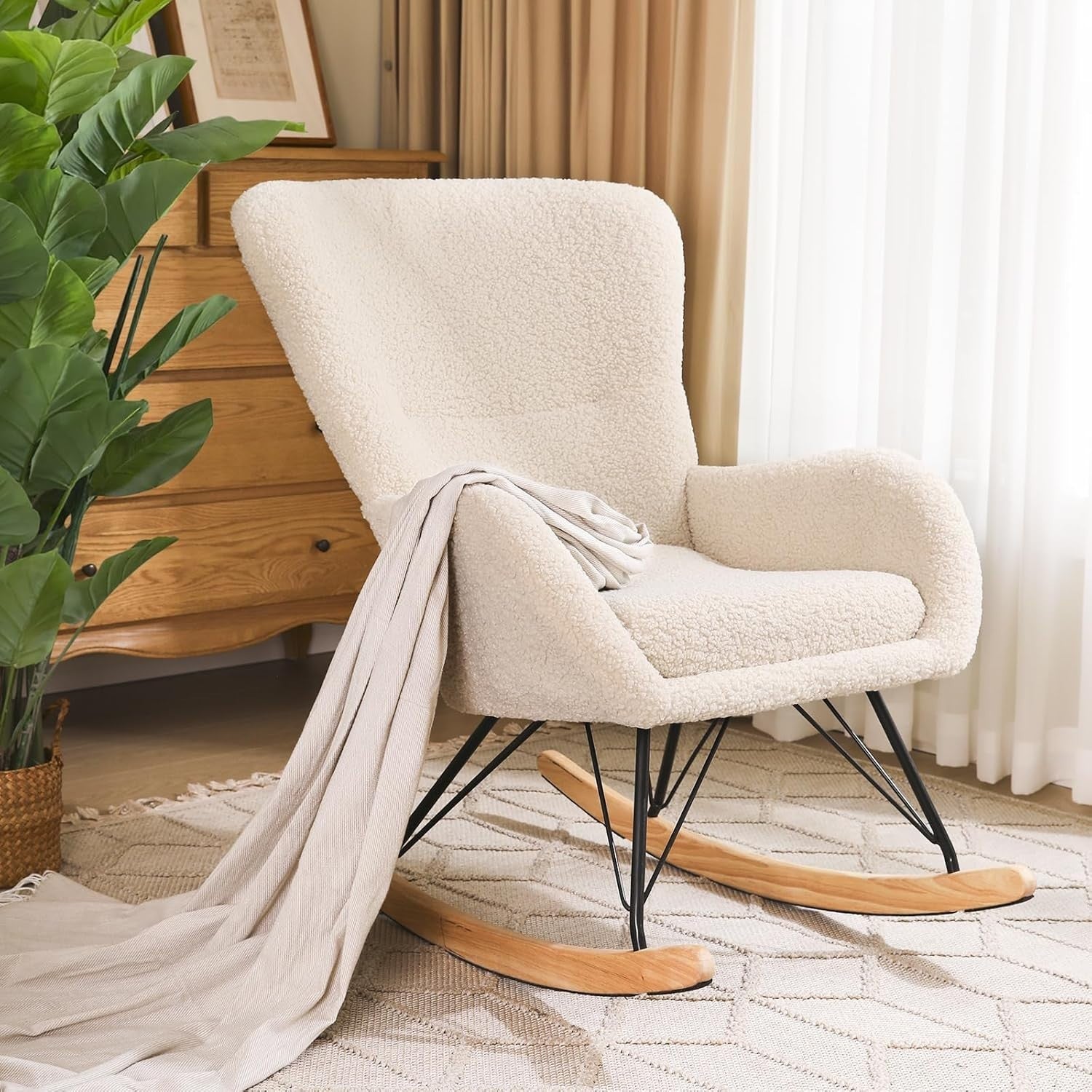 Comfortable Beige Cashmere Rocking Chair Recliner with Metal Frame & Cushion