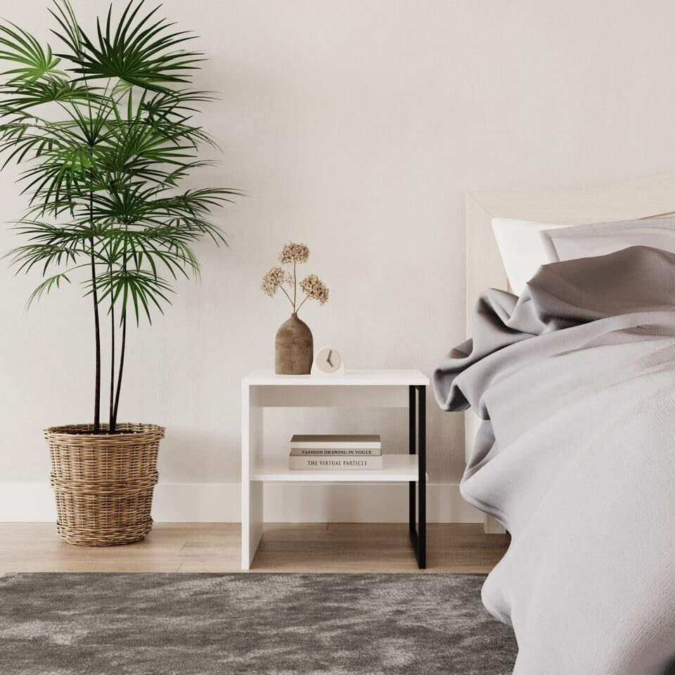 White 40cm Side Table with Open Shelf – Steel Frame, Sofa or Bedside Use