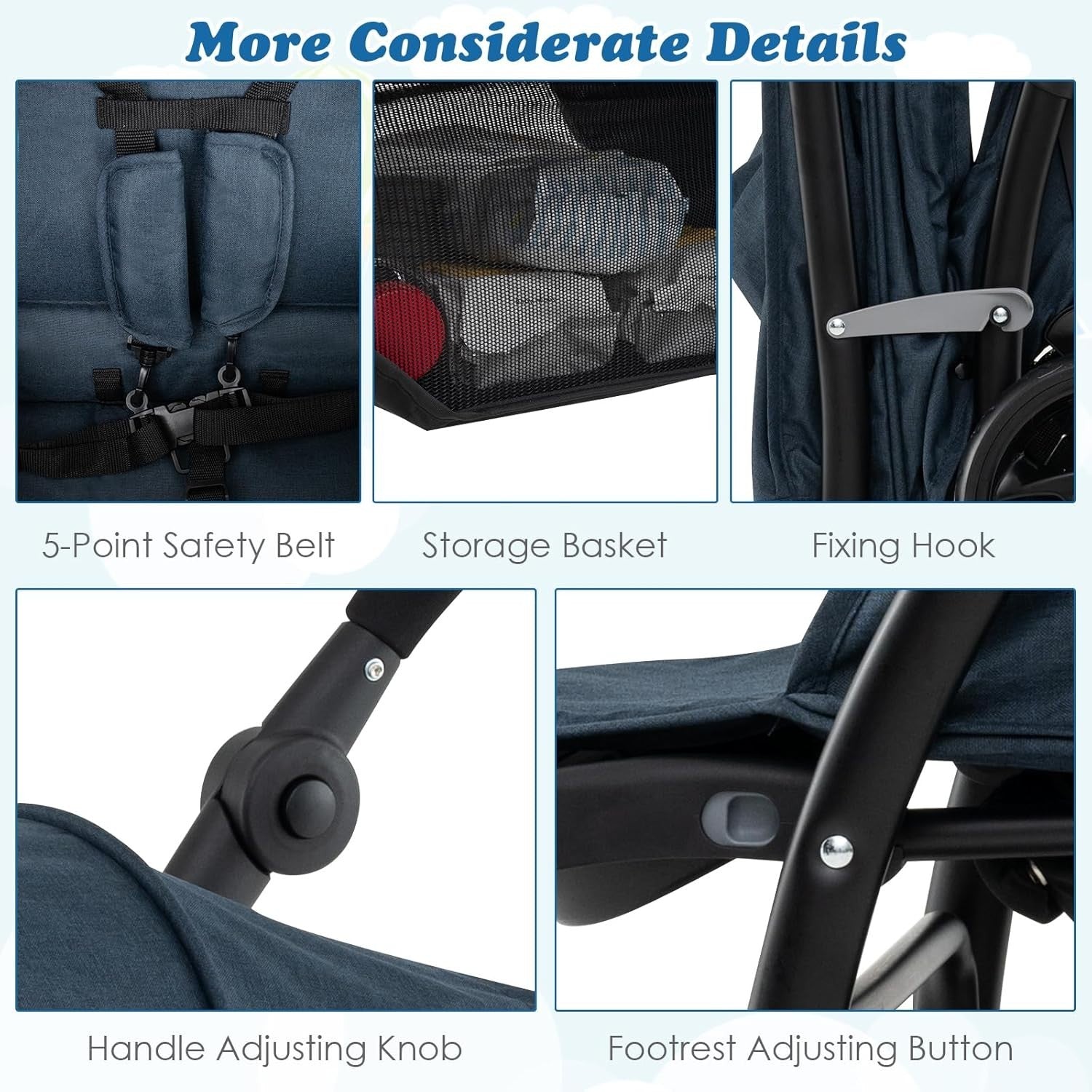 Twin Tandem Baby Stroller Navy Foldable Double Seat 5-Point Harness Sunshade