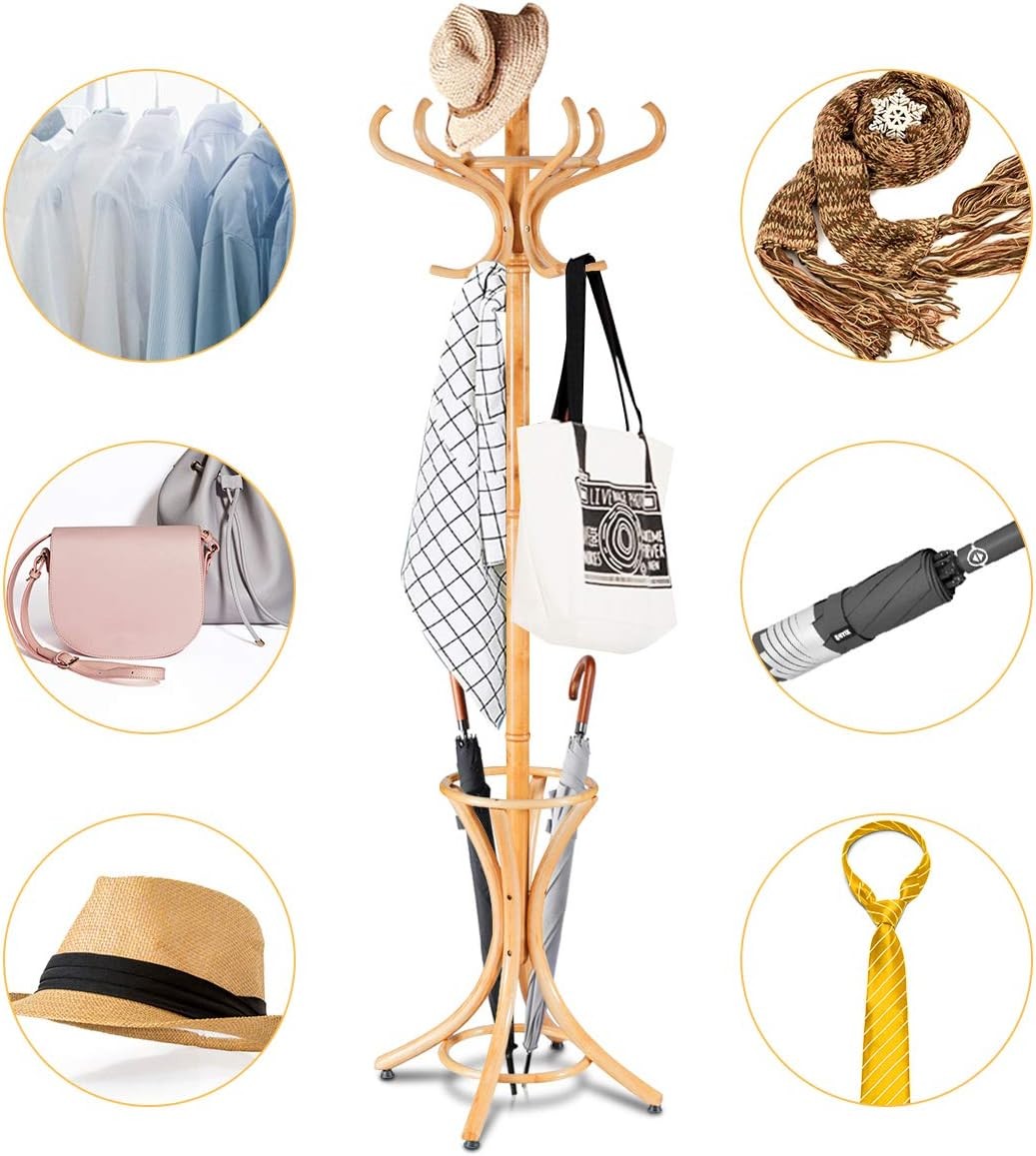 Wooden Coat Rack Stand with 12 Hooks & Umbrella Holder | Oak Hall Tree