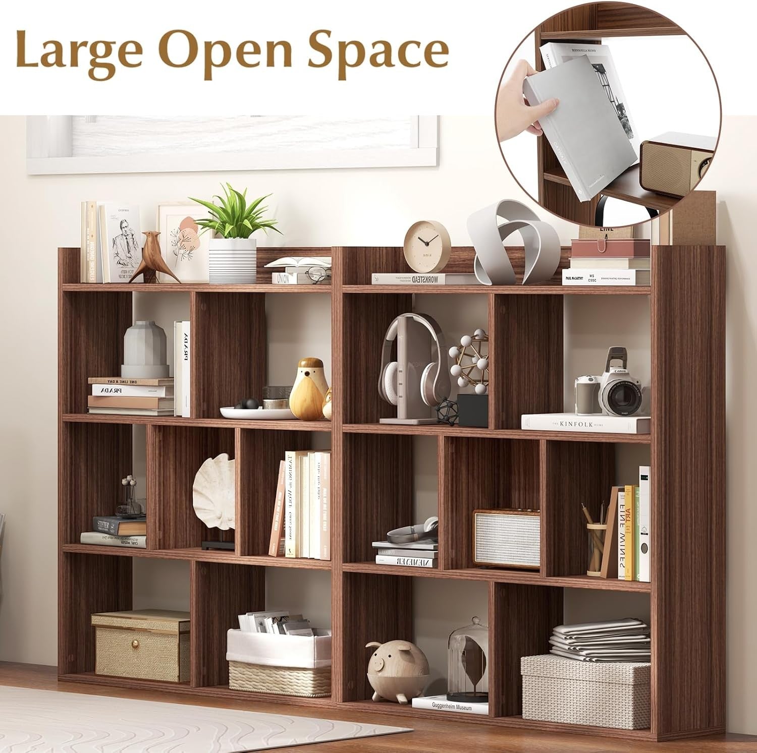 Walnut 7-Cube Bookcase Freestanding Storage Display Shelf with Anti-Topple Kit