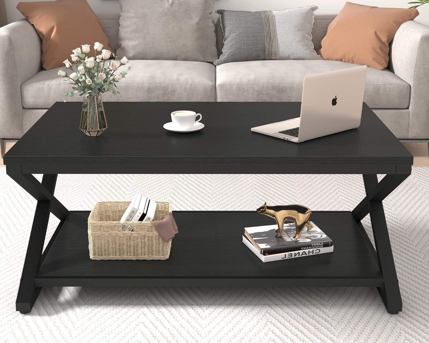 Modern Black Coffee Table with Storage Shelf | 2-Tier Rectangle Center Table