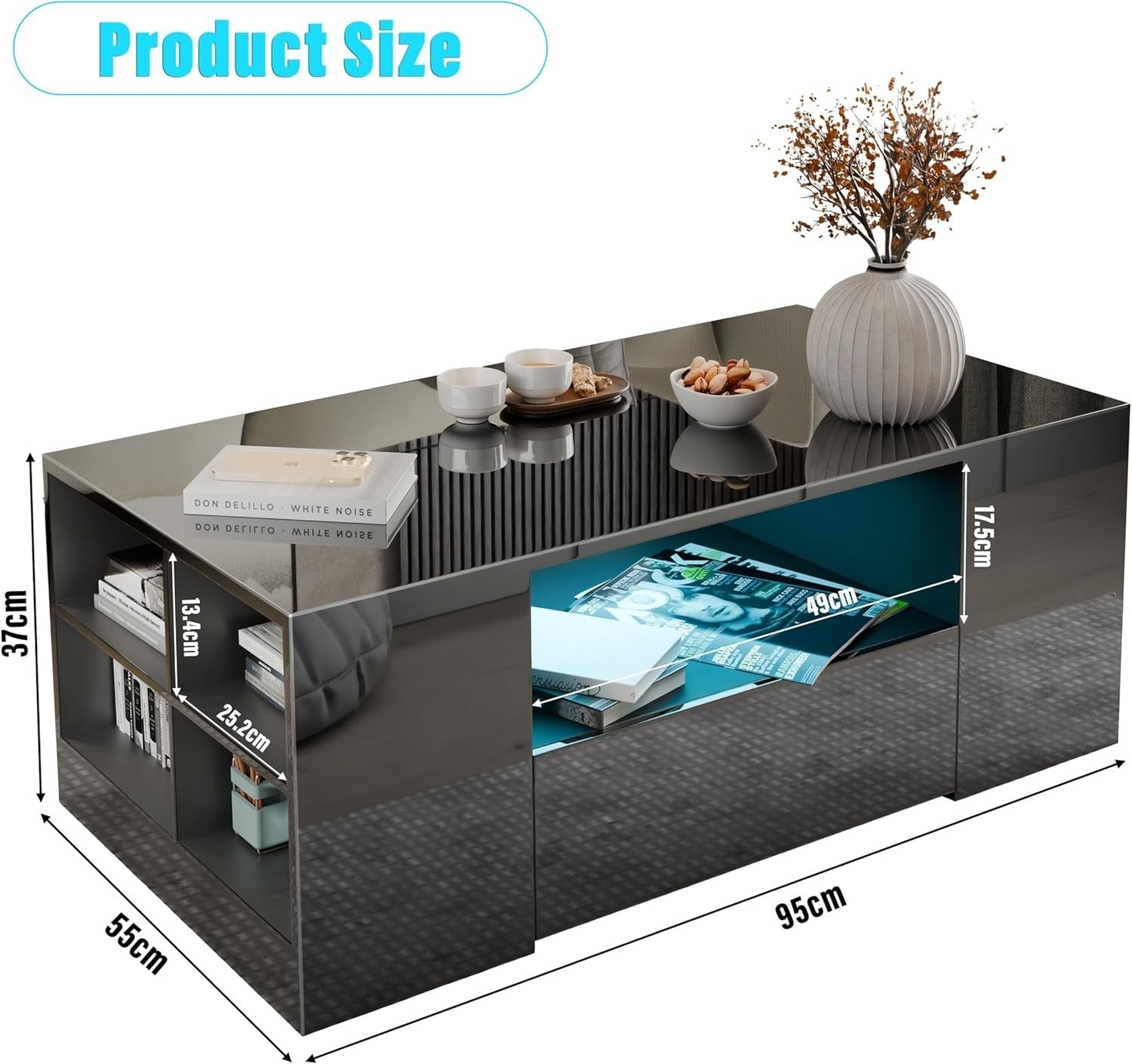 Blisswood LED Coffee Table with 2 Drawers, High Gloss Top & RGB Lights 95x55cm