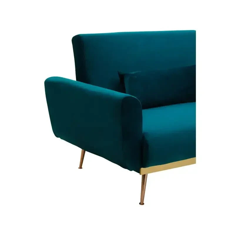 Green Velvet Sofa Bed 3 Seater w/ Gold Legs & Folding Back Modern