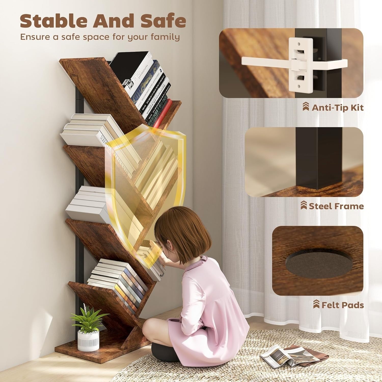 Industrial 7-Tier Tree Bookshelf with Steel Frame, Space-Saving Storage Unit