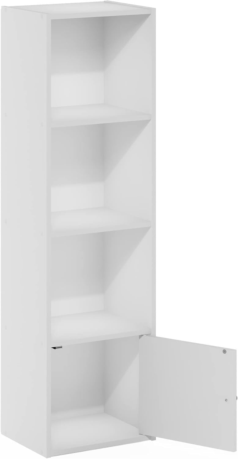 Modern 4-Tier White Bookshelf with 1 Door Cabinet Durable Storage Shelf