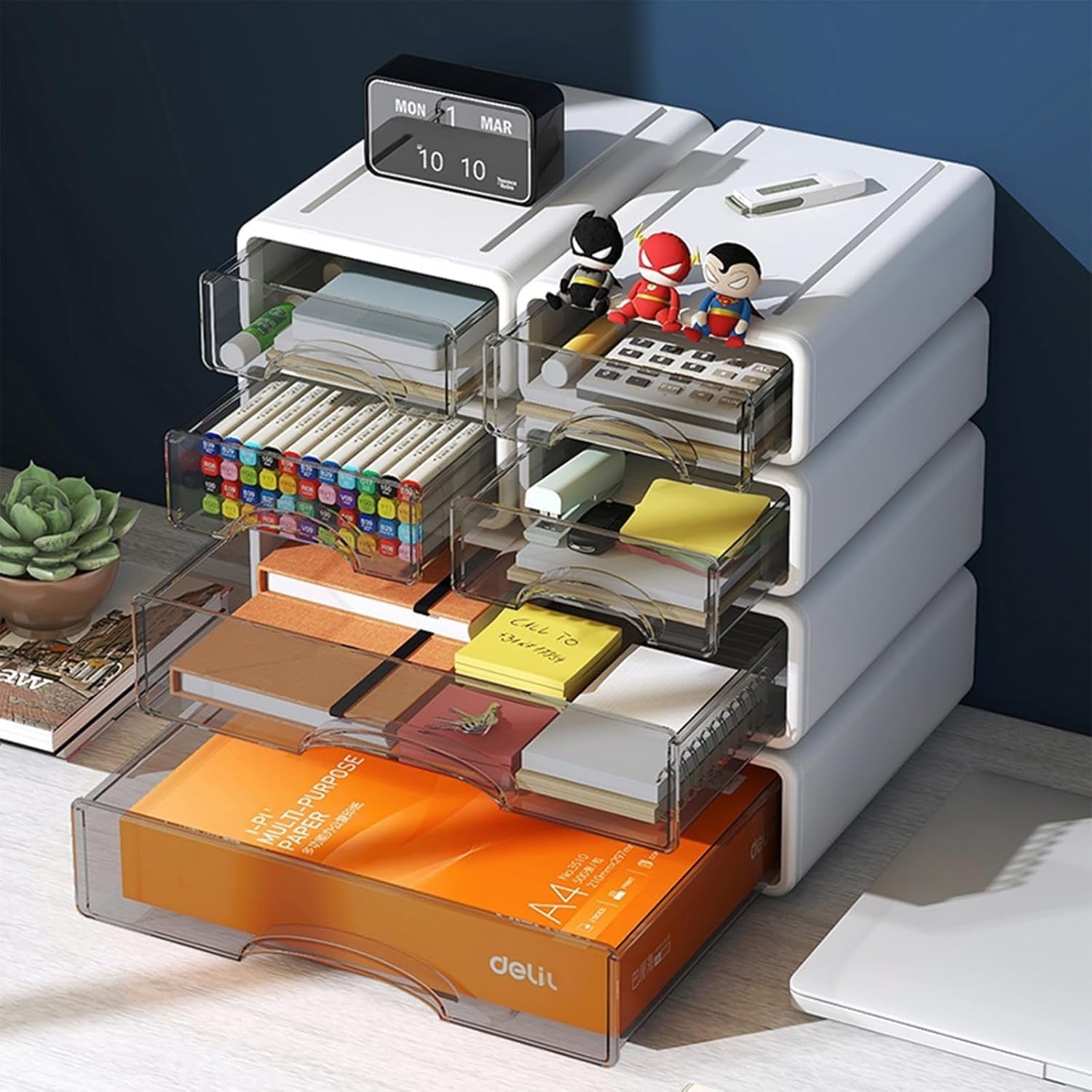 White Desk Organizer 2 Small + 2 Medium Drawers Stackable Storage