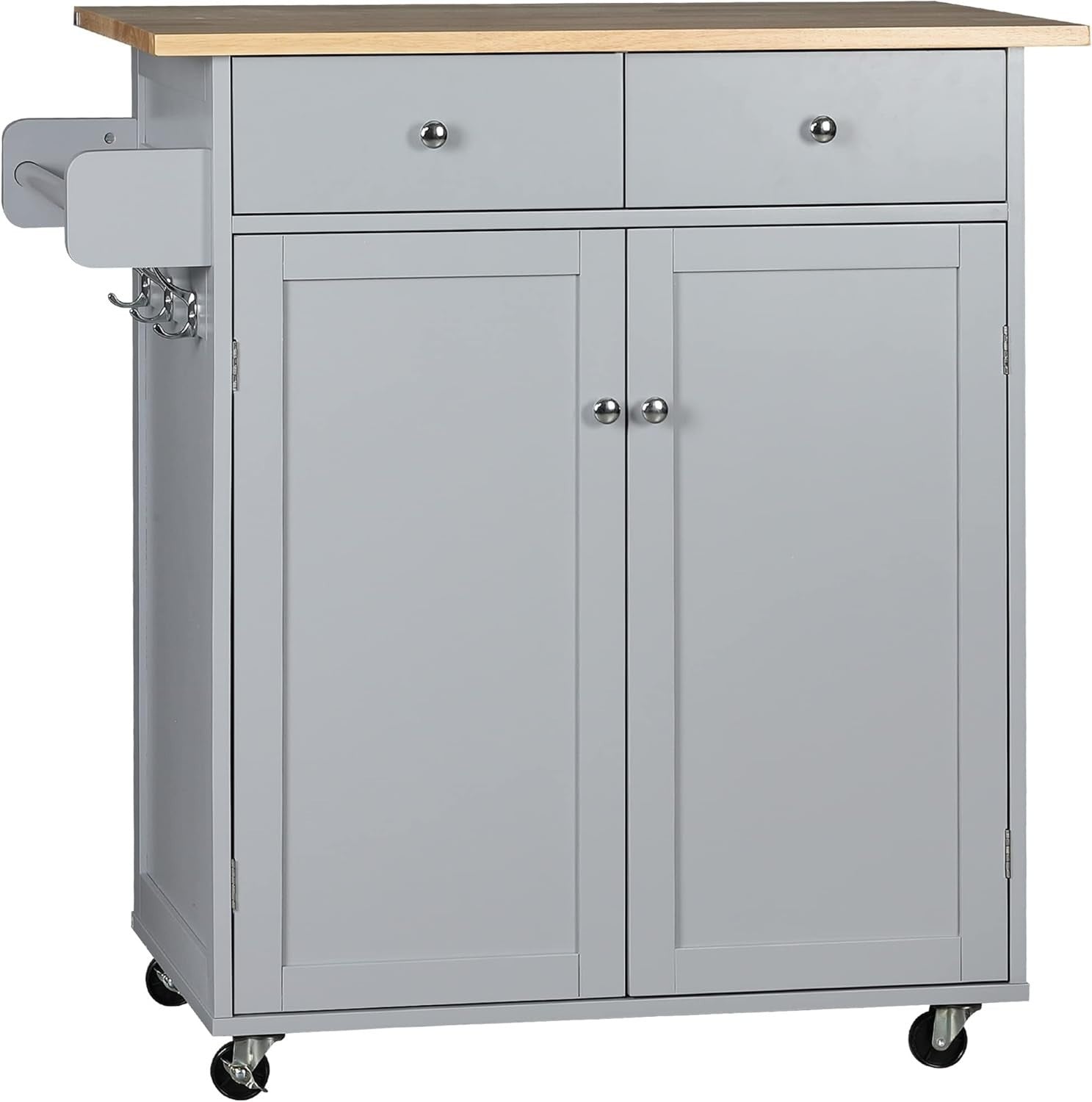 Rolling Kitchen Island Cart with Drawers, Rubber Wood Top & Hooks, 48x87x90cm