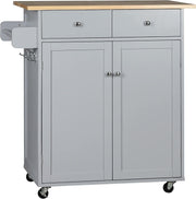 Rolling Kitchen Island Cart with Drawers, Rubber Wood Top & Hooks, 48x87x90cm