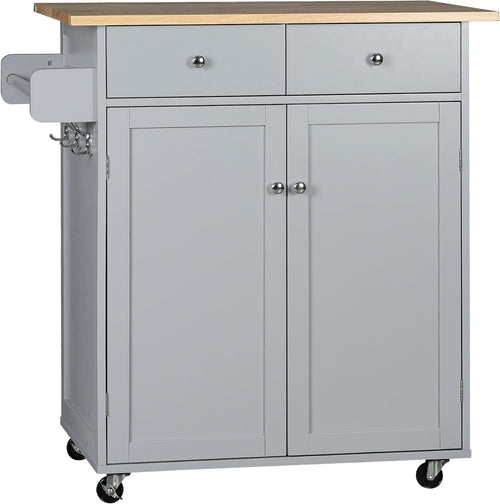 Rolling Kitchen Island Cart with Drawers, Rubber Wood Top & Hooks, 48x87x90cm