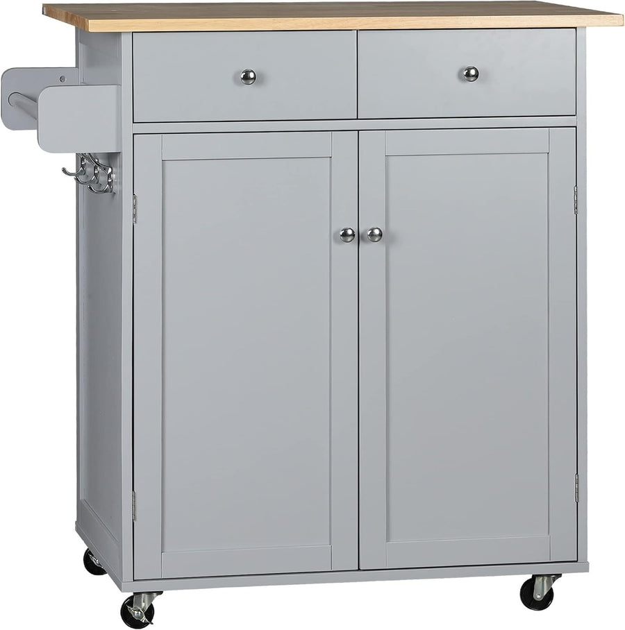 Rolling Kitchen Island Cart with Drawers, Rubber Wood Top & Hooks, 48x87x90cm
