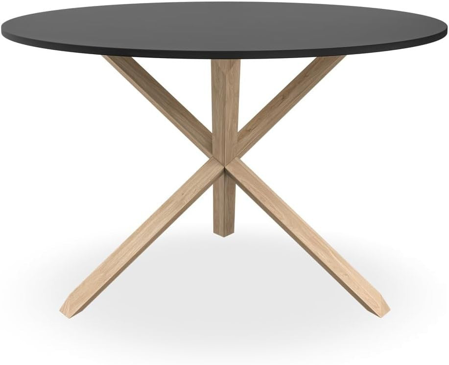 120cm Round Black Glass Dining Table with Solid Oak Legs 4–6 Seater Table