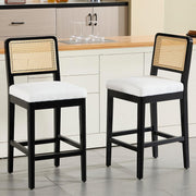 Black Linen Bar Stool Set of 2 with Rattan Back Wooden Legs