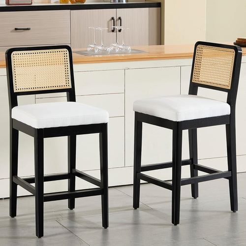 Black Linen Bar Stool Set of 2 with Rattan Back Wooden Legs