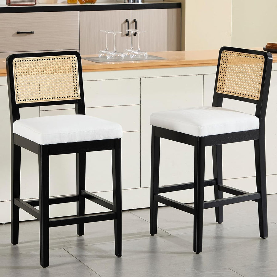 Black Linen Bar Stool Set of 2 with Rattan Back Wooden Legs