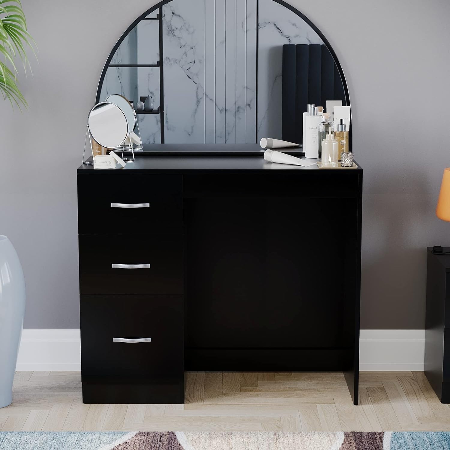 Black Dressing Table 3 Drawer Chest Makeup Desk Vanity Storage Modern Design