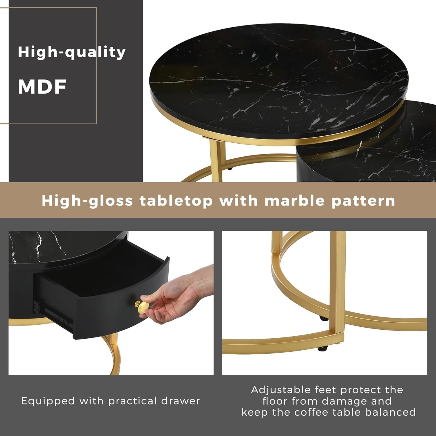 Nest Coffee Table Set 2pc Modern Round Black Marble Metal Adjustable Storage