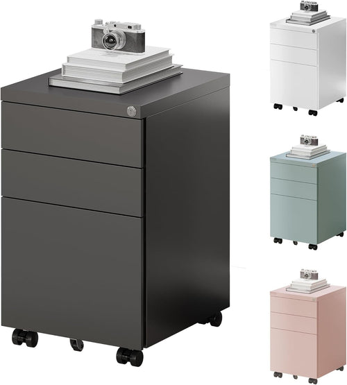 Black Mobile Filing Cabinet 3 Drawer Lockable Under Desk Steel