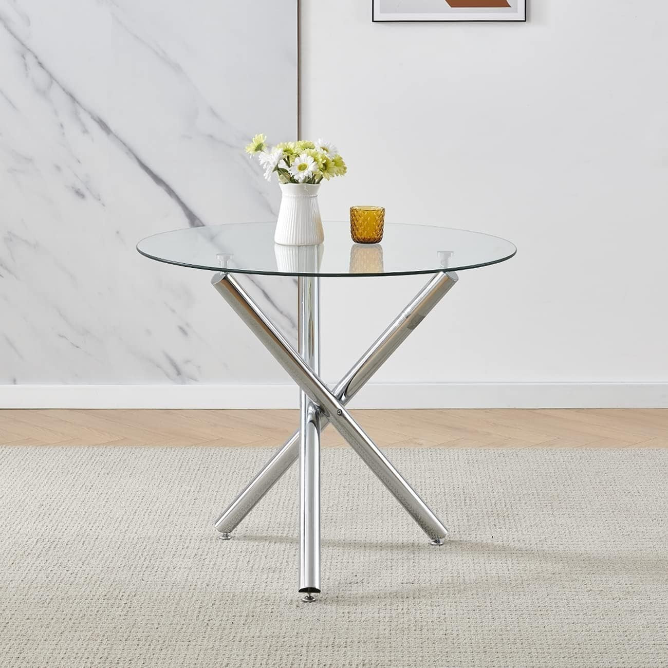 Round Glass Dining Table Set 4 Velvet Chairs Compact Modern Kitchen Space