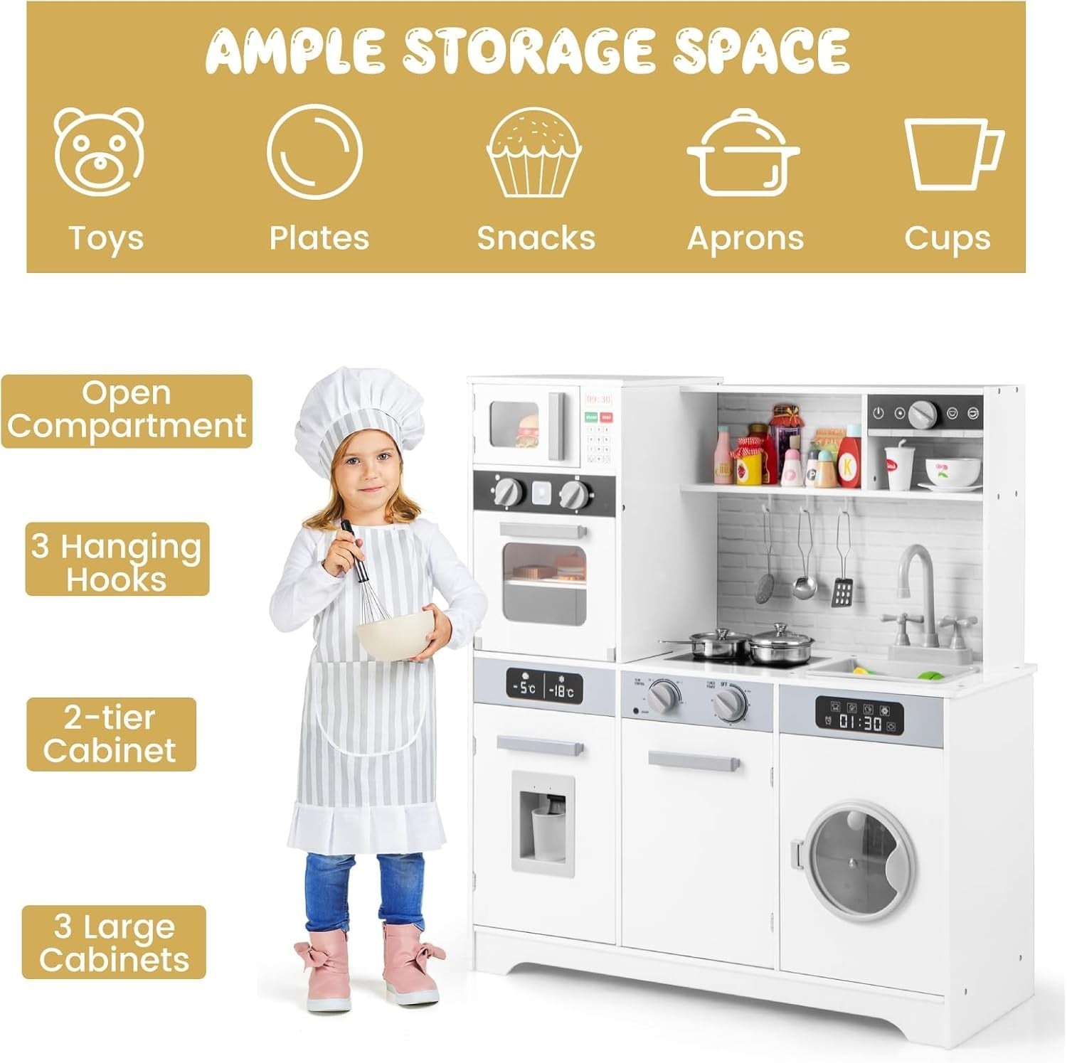 Kids Wooden Play Kitchen Lights Sounds Coffee Maker Laundry Set