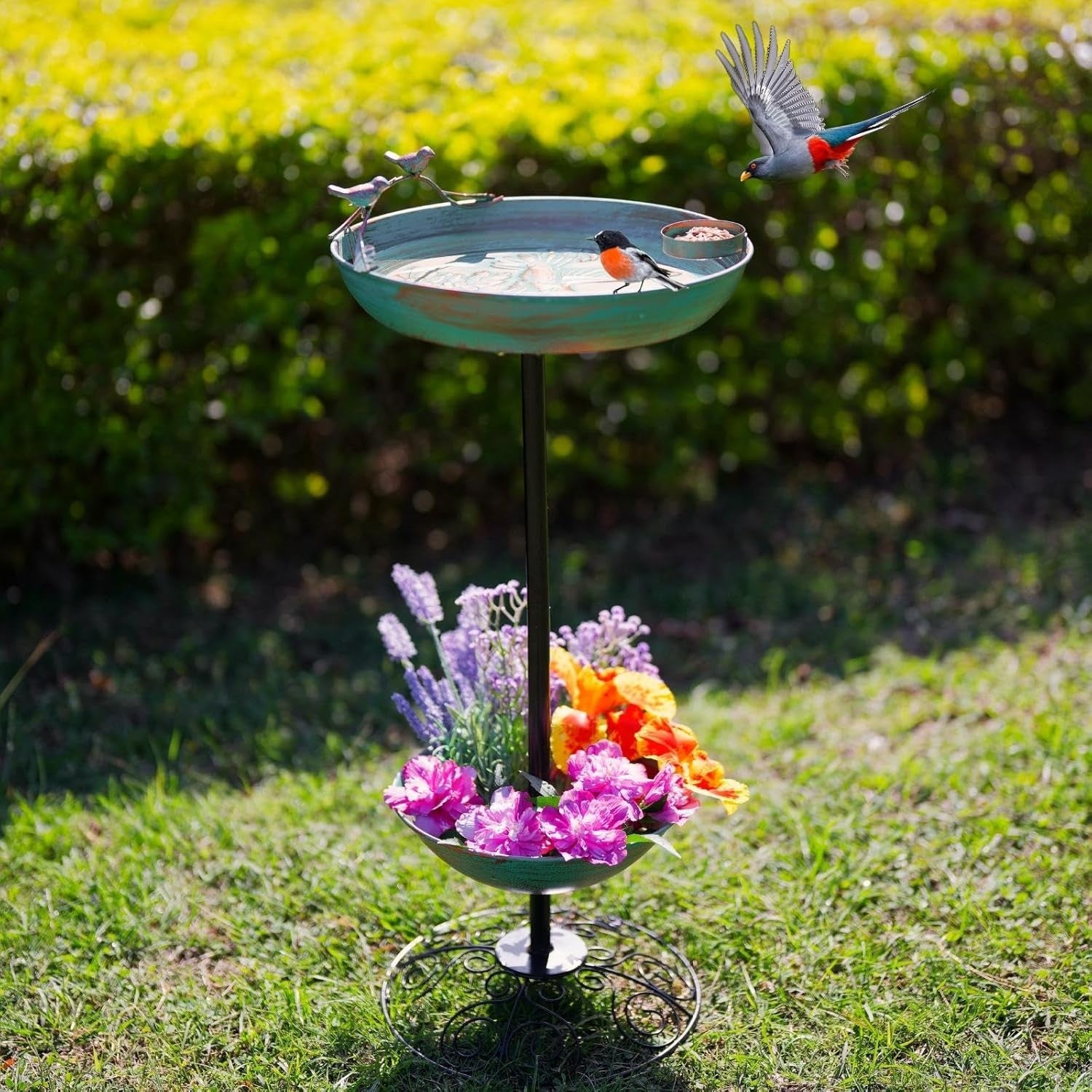 Wrought Iron Bird Bath Feeder Outdoor Garden Decor Double Bowl Stand