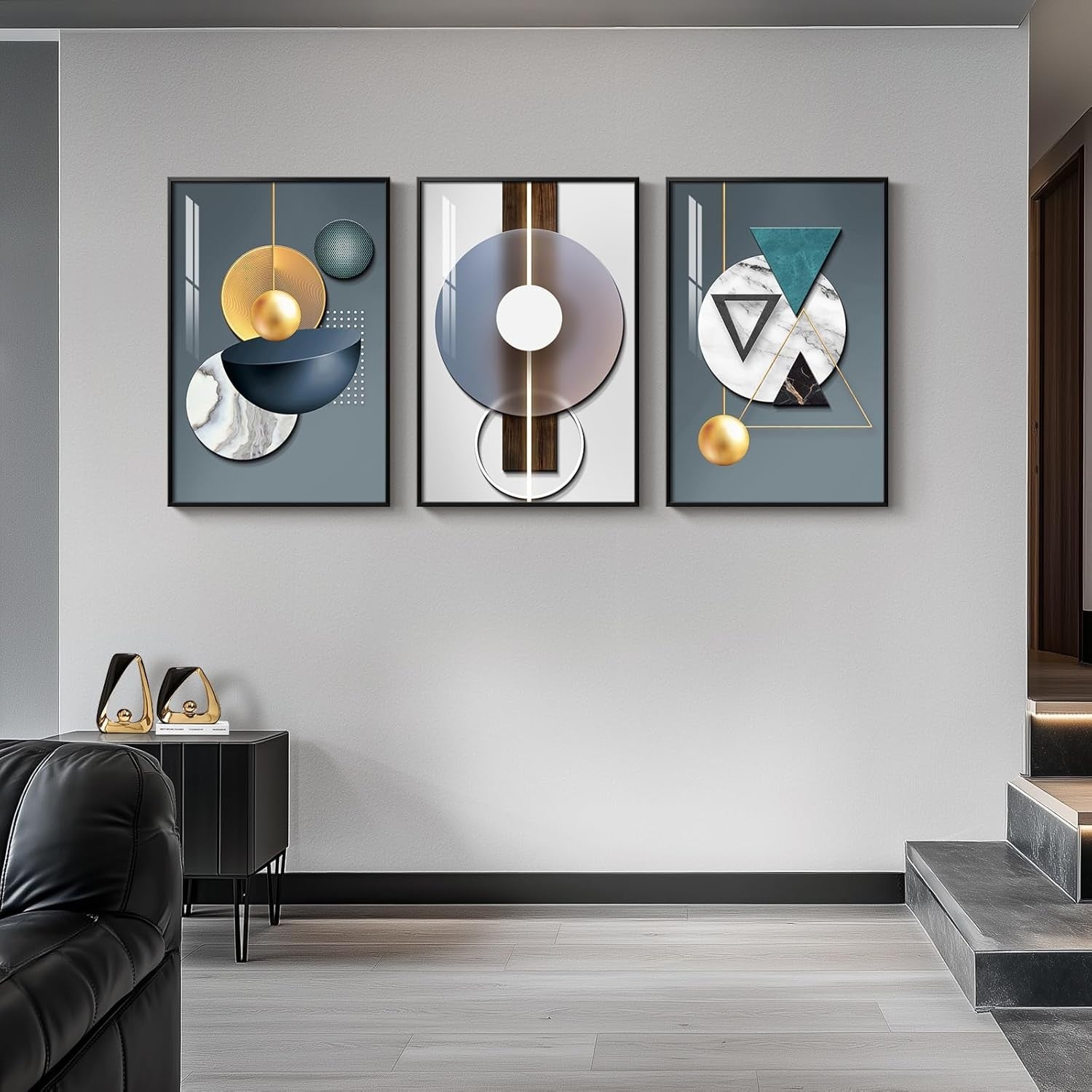 Large Framed Abstract Wall Art Set of 3 Blue Green Prints