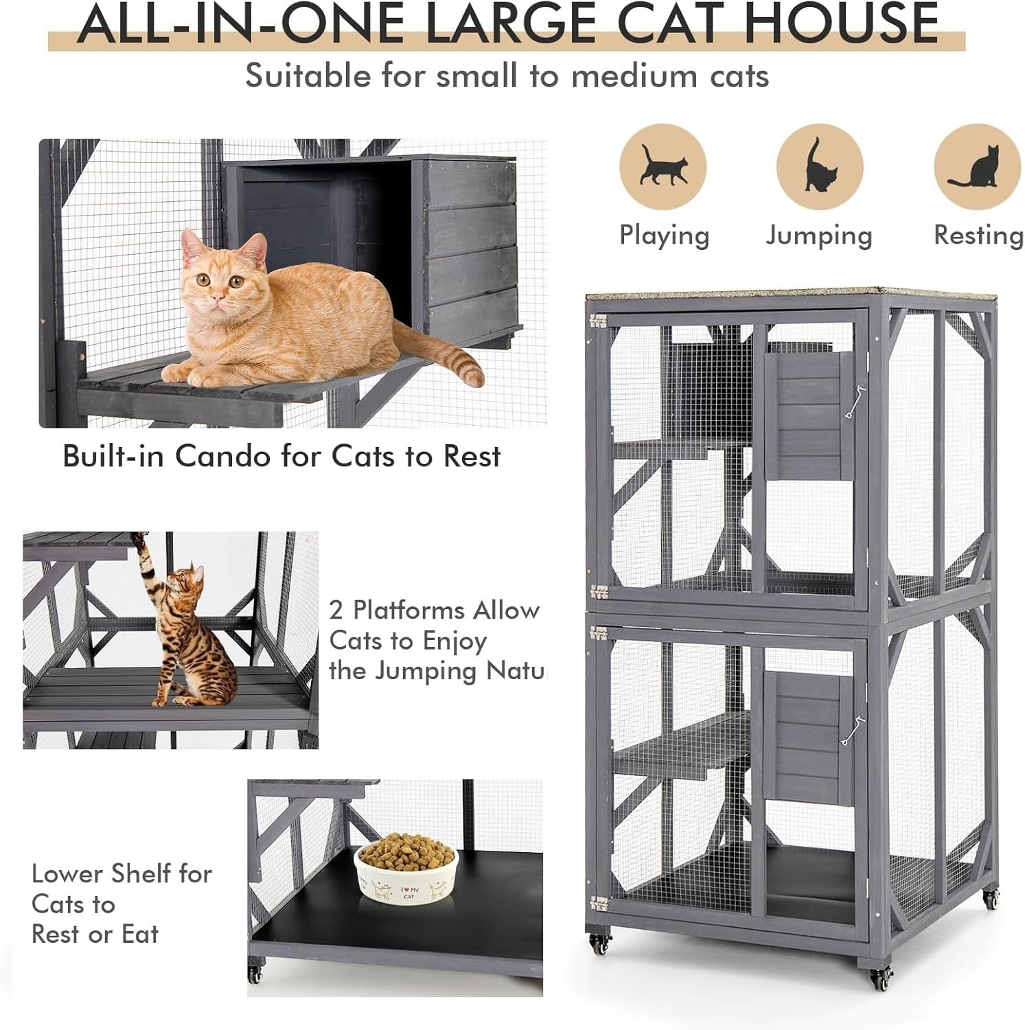Large Outdoor Cat House with Platforms, Resting Box & Waterproof Roof