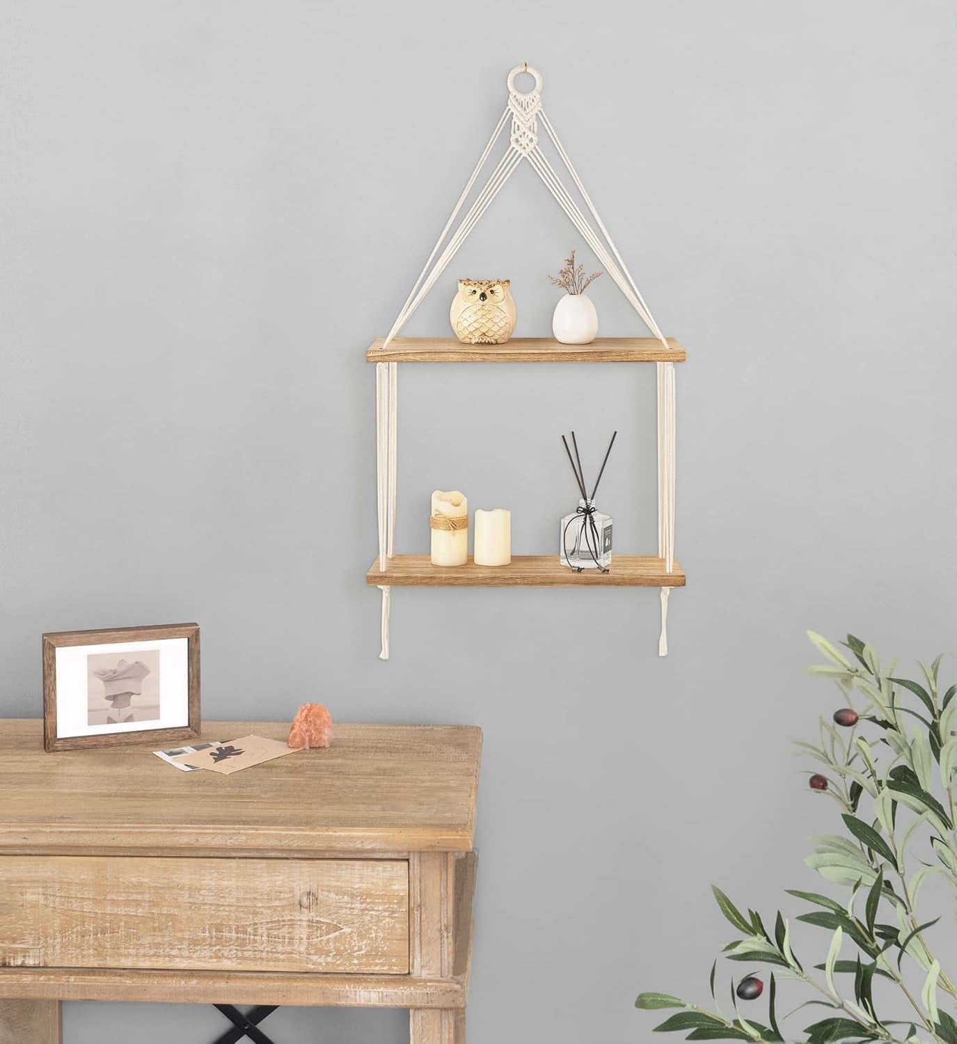 Boho Macrame 2-Tier Hanging Shelf Wood Floating Wall Decor
