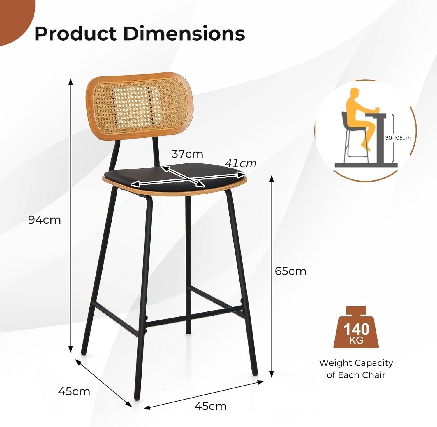 Bar Stools Set of 2 Black PU Leather Rattan Back Counter Chairs