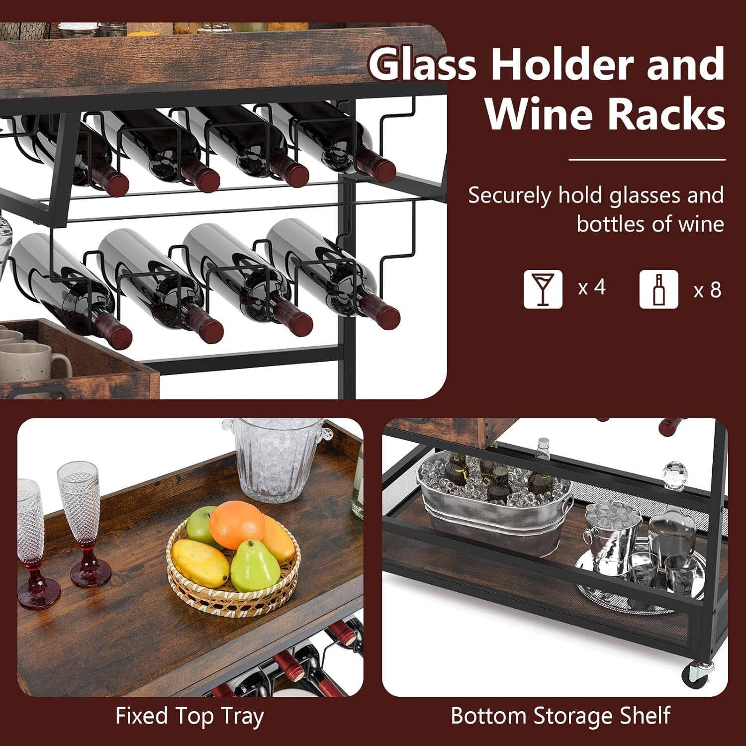 3 Tier Serving Trolley Bar Cart on Wheels with Wine Rack Glass Holder Tray