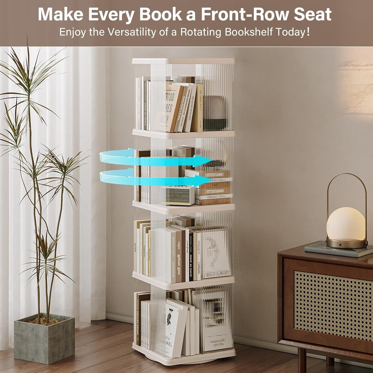 360° Rotating Plastic Bookshelf 4-Tier Floor Standing Corner Shelf White