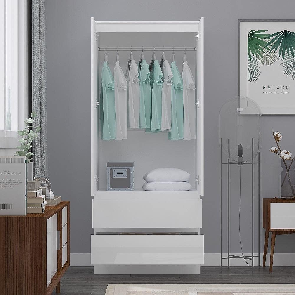 Modern White Gloss 2 Door Wardrobe with Drawers Soft Close Bedroom Storage