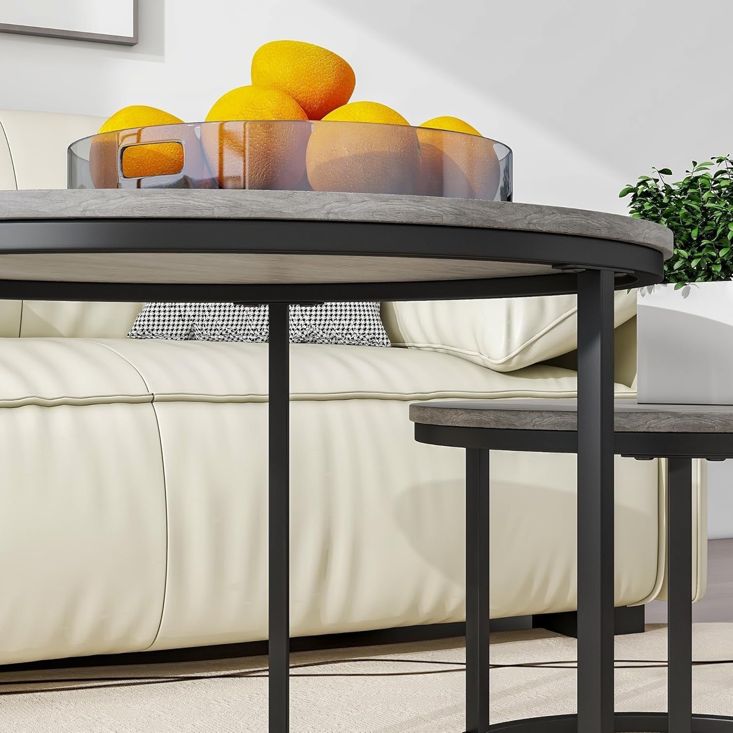 Round Nesting Coffee Table Set of 2 Modern Space-Saving Side Tables with Storage